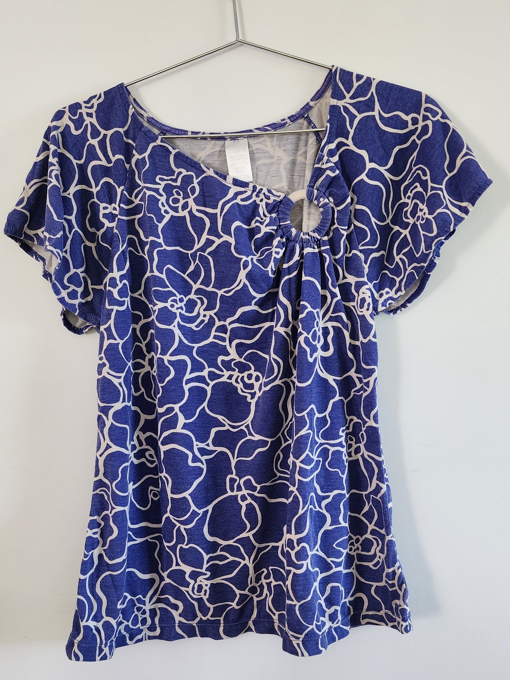 Catherines O-Ring Floral Blouse Large Washed Blue Coquette Coastal Grandma Soft